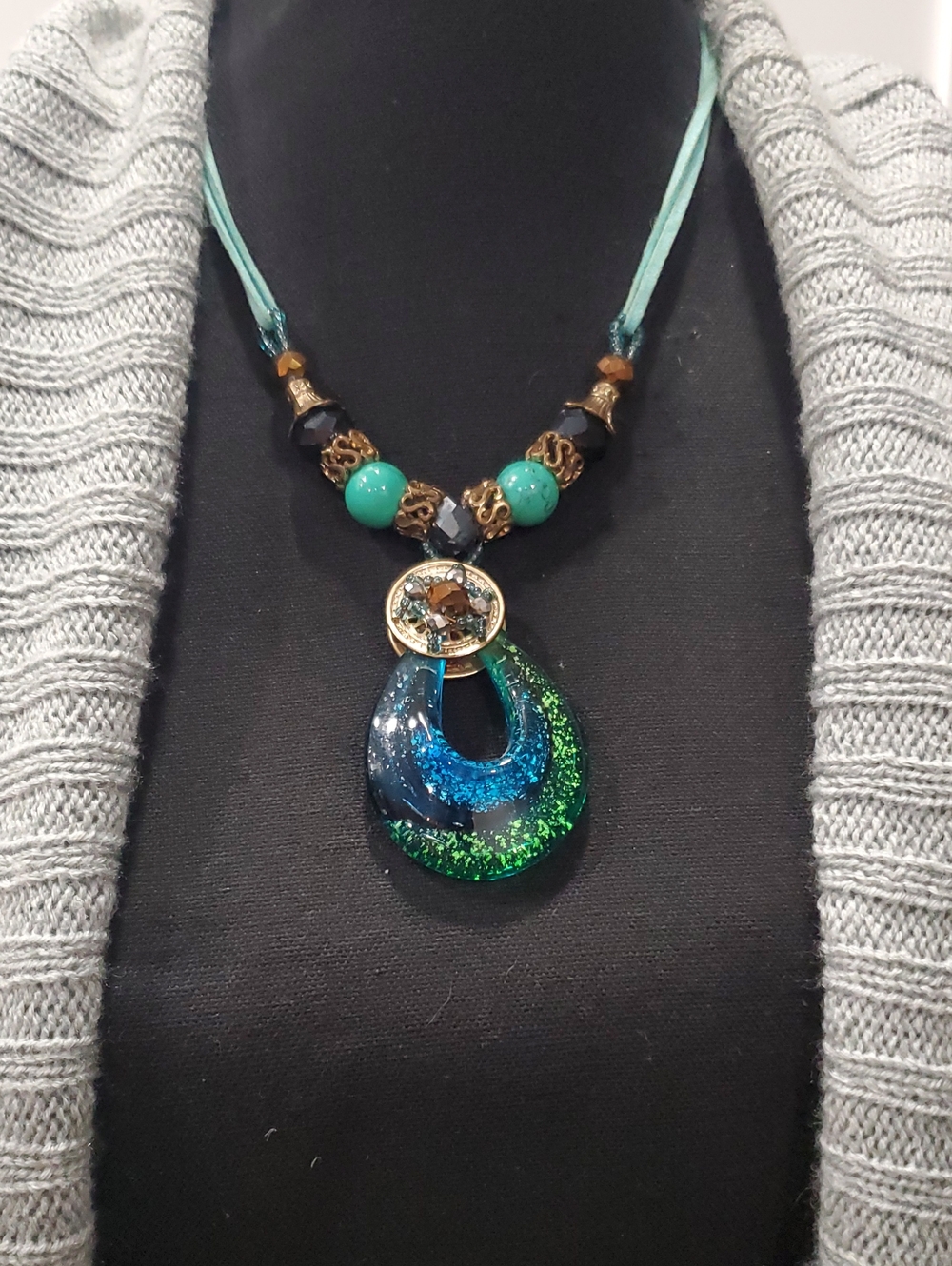 Handcrafted Teal and Green Resin Pendant Necklace - Women Jewelry